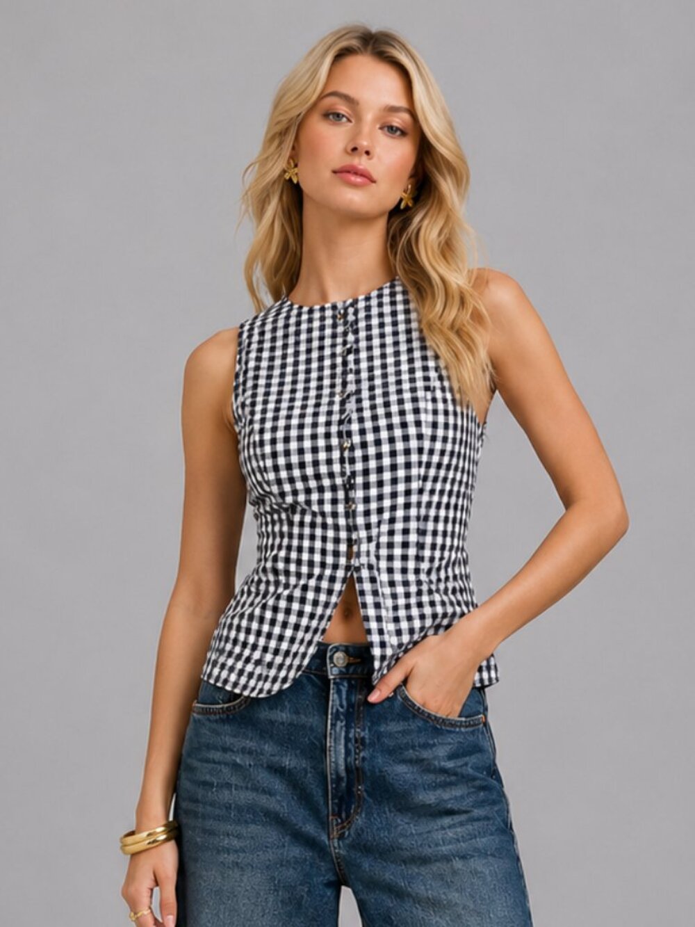 Women's Cotton Navy White Gingham Sleeveless Button Front Summer Blouse Shirt - Picture 1 of 6